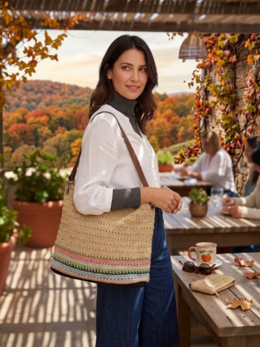 Strada Boho Crochet Woven Shoulder Bag & Matching Pouch Striped Beige Y2K